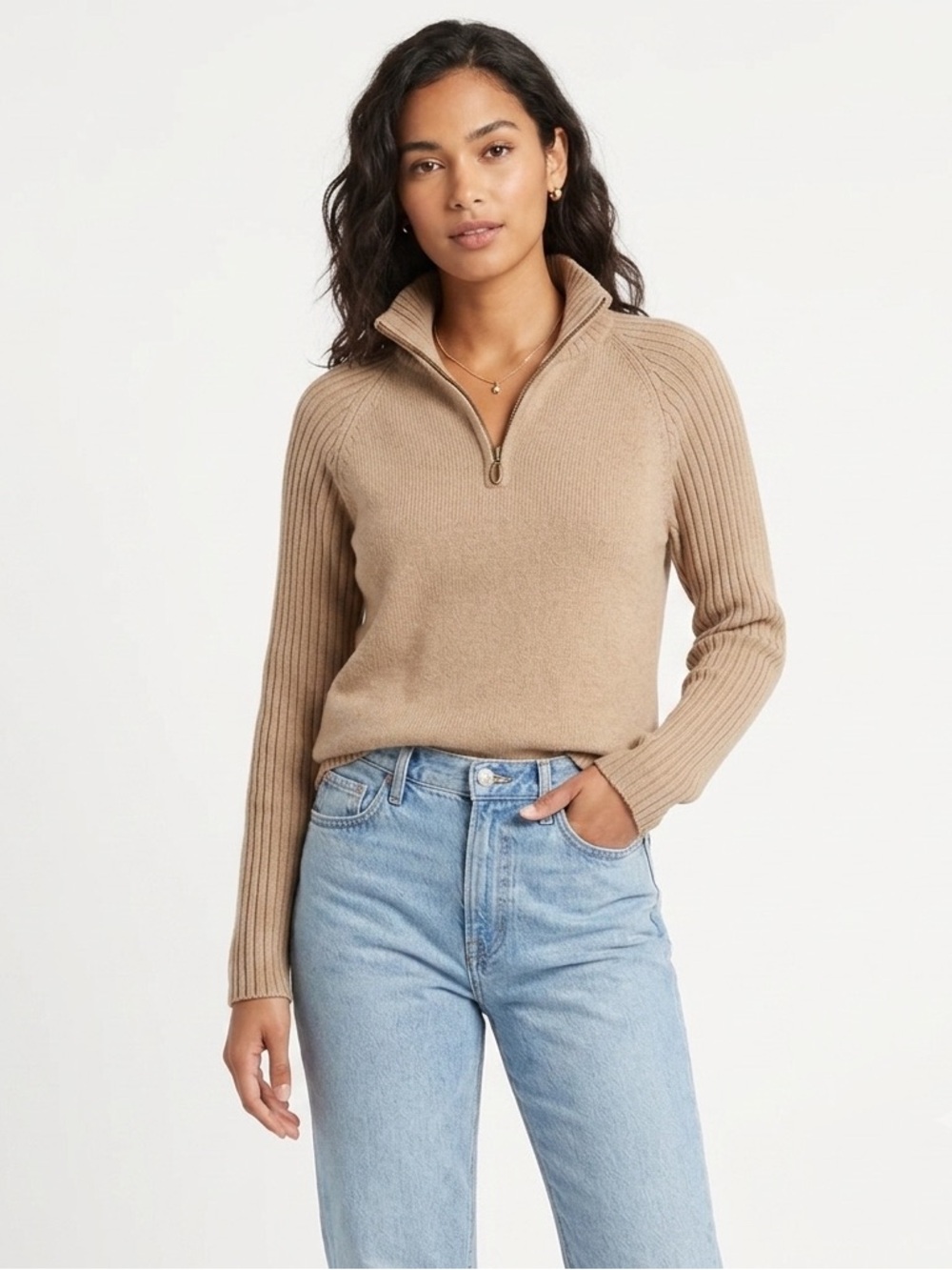 Liz Claiborne LizWear Tan 1/4 Zip Pullover Knit Sweater